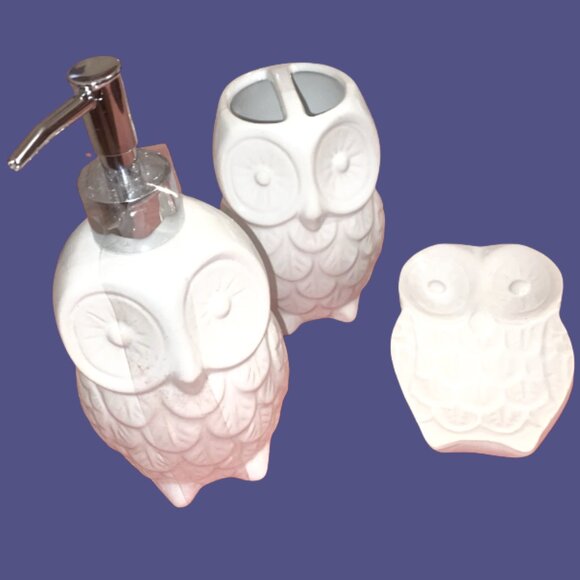 ❌Sold❌ White Owl Ceramic Bathroom Soap Dish Dispenser Toothbrush Holder - Picture 1 of 2
